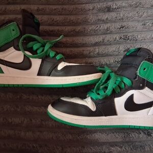 Nike Air Jordans Kids Black, White, and Green Sneakers